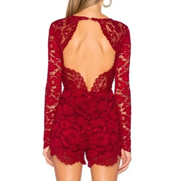 Lovers and‎ Friends Eve Lace Open Black Long Sleeve Romper Cranberry Red Size XS - Picture 2 of 11